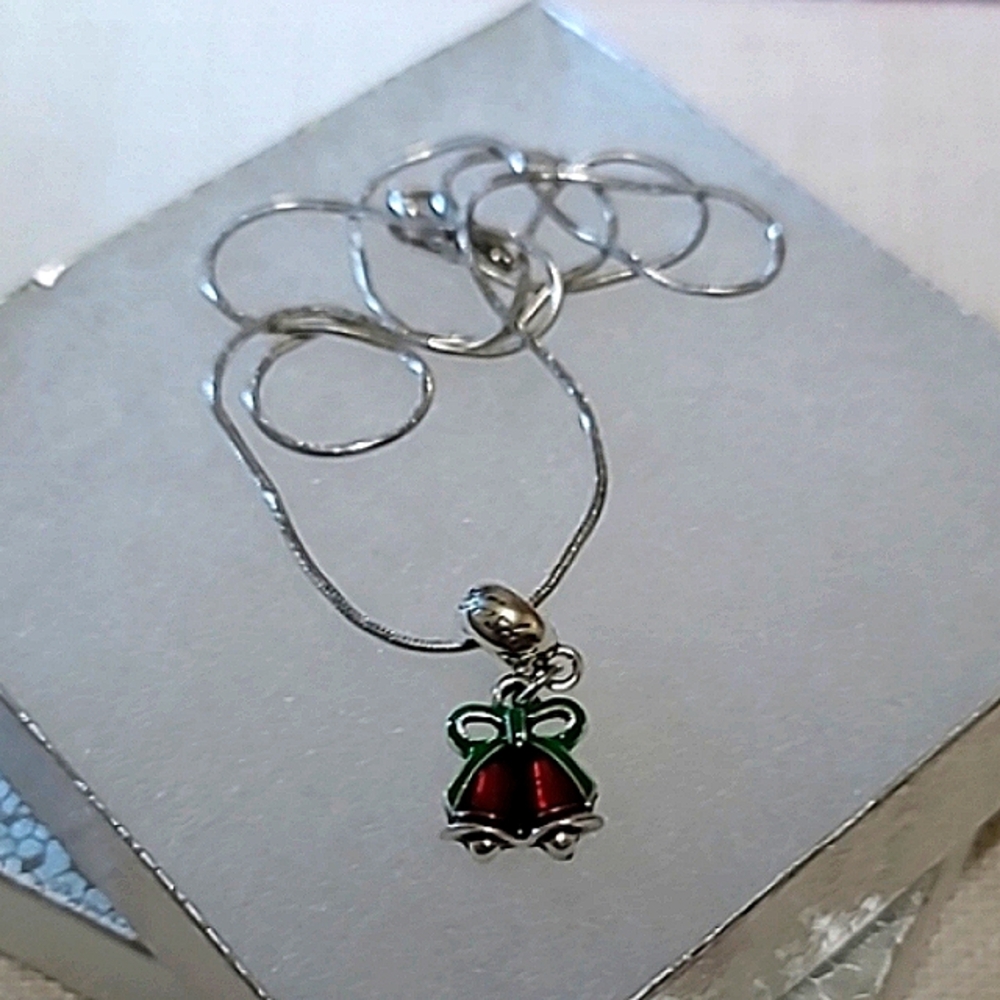 Silver Holiday Bells Charm Necklace on 20" Stainless Steel Snake Chain NEW NWT